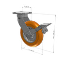 8"x2" Ergonomic Caster – USA Kingpinless Rig, MAX-Efficiency Orange Poly Wheel, Metal Face Brake
