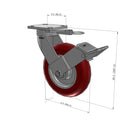 8"x2" Ergonomic Caster – USA Kingpinless Rig, MAX-Efficiency Maroon Poly Wheel, Face Brake, Swivel Lock