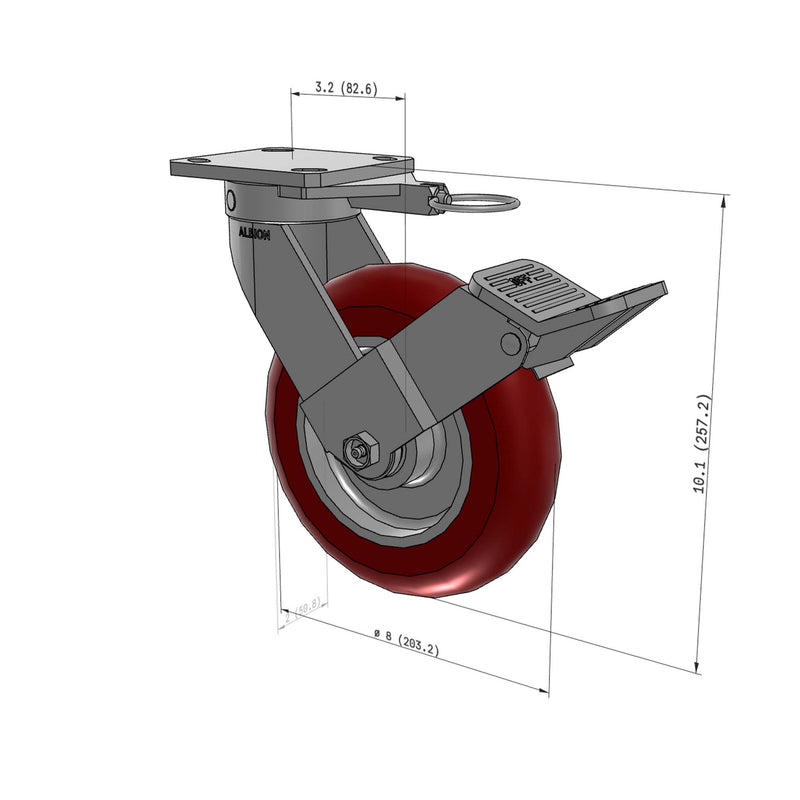 8"x2" Ergonomic Caster – USA Kingpinless Rig, MAX-Efficiency Maroon Poly Wheel, Face Brake, Swivel Lock