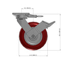 8"x2" Ergonomic Caster – USA Kingpinless Rig, MAX-Efficiency Maroon Poly Wheel, Face Brake, Swivel Lock