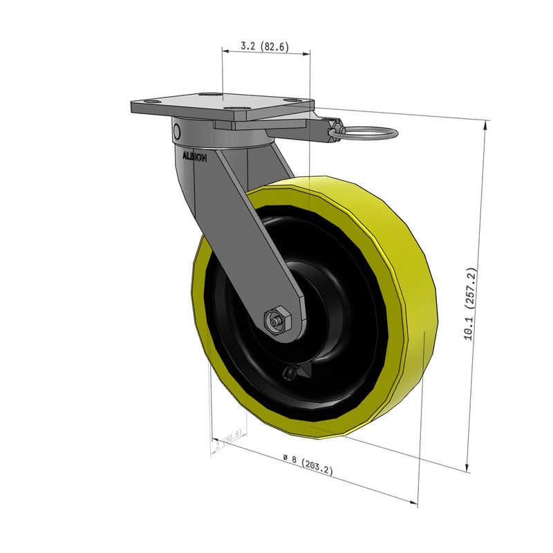 8"x2" Ergonomic Caster – USA Kingpinless Rig, Heavy-Duty Polyurethane Wheel, Swivel Lock