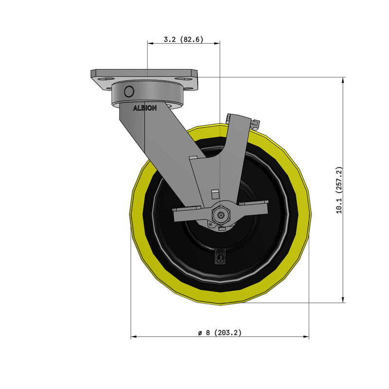8"x2" Ergonomic Caster – USA Kingpinless Rig, Heavy-Duty Polyurethane Wheel, Side Brake