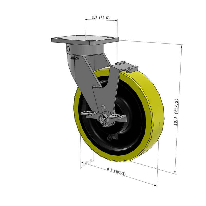 8"x2" Ergonomic Caster – USA Kingpinless Rig, Heavy-Duty Polyurethane Wheel, Side Brake