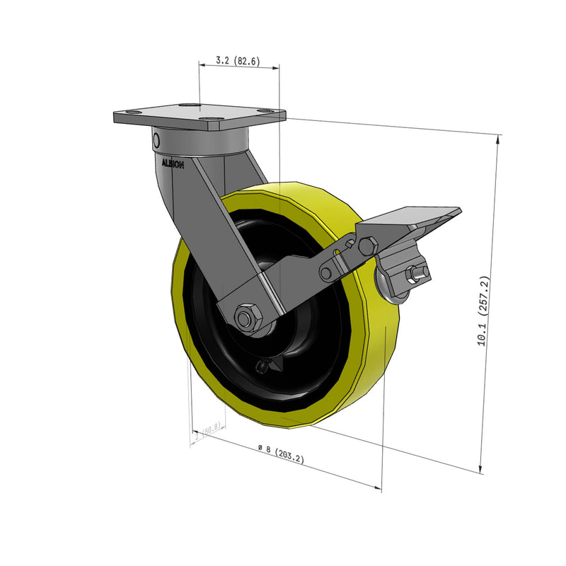 8"x2" Ergonomic Caster – USA Kingpinless Rig, Heavy-Duty Polyurethane Wheel, Metal Face Brake
