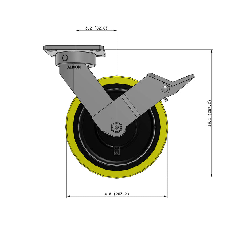 8"x2" Ergonomic Caster – USA Kingpinless Rig, Heavy-Duty Polyurethane Wheel, Face Brake