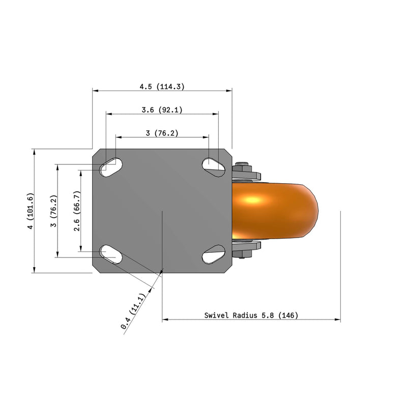 6"x2" Ergonomic Caster – USA Kingpinless Rig, MAX-Efficiency Orange Poly Wheel