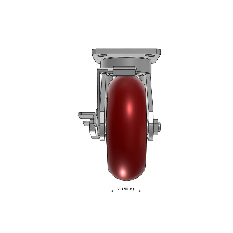 6"x2" Ergonomic Caster – USA Kingpinless Rig, MAX-Efficiency Maroon Poly Wheel, Side Brake