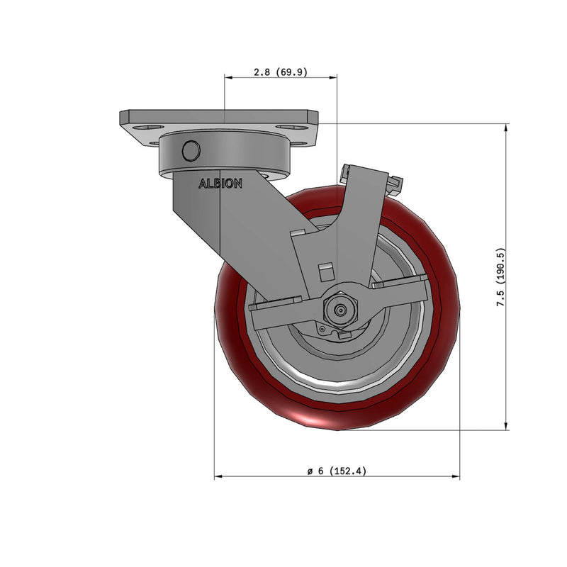 6"x2" Ergonomic Caster – USA Kingpinless Rig, MAX-Efficiency Maroon Poly Wheel, Side Brake