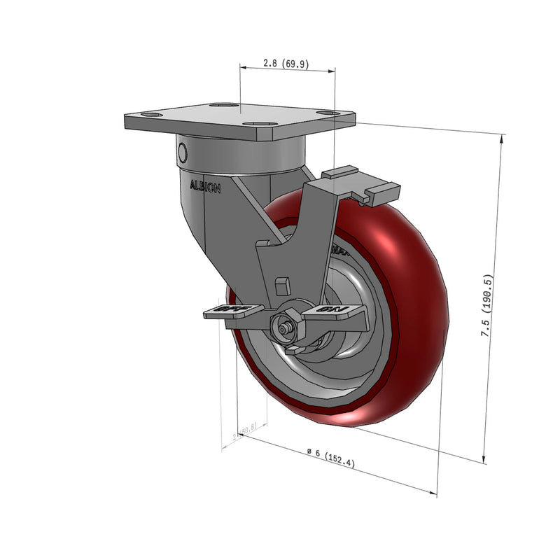 6"x2" Ergonomic Caster – USA Kingpinless Rig, MAX-Efficiency Maroon Poly Wheel, Side Brake