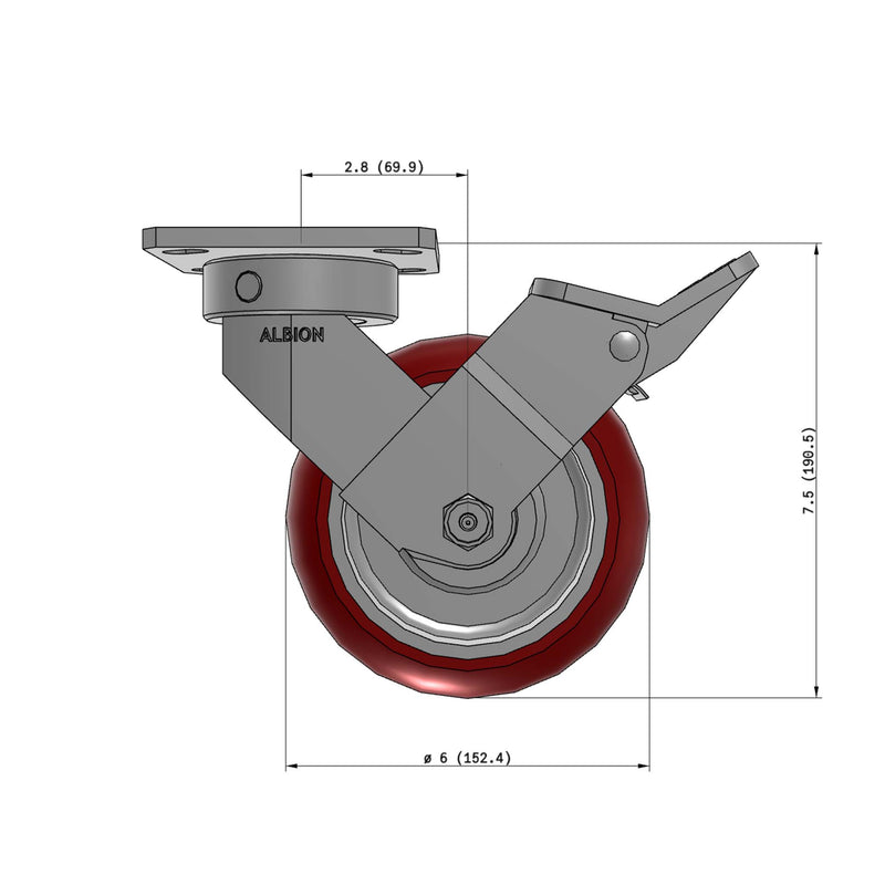 6"x2" Ergonomic Caster – USA Kingpinless Rig, MAX-Efficiency Maroon Poly Wheel, Face Brake