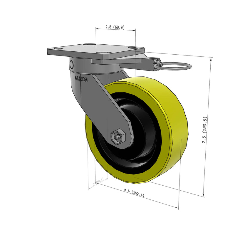 6"x2" Ergonomic Caster – USA Kingpinless Rig, Heavy-Duty Polyurethane Wheel, Swivel Lock