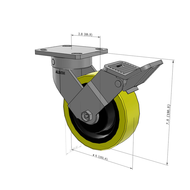 6"x2" Ergonomic Caster – USA Kingpinless Rig, Heavy-Duty Polyurethane Wheel, Face Brake