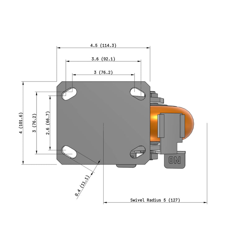 5"x2" Ergonomic Caster – USA Kingpinless Rig, MAX-Efficiency Orange Poly Wheel, Side Brake
