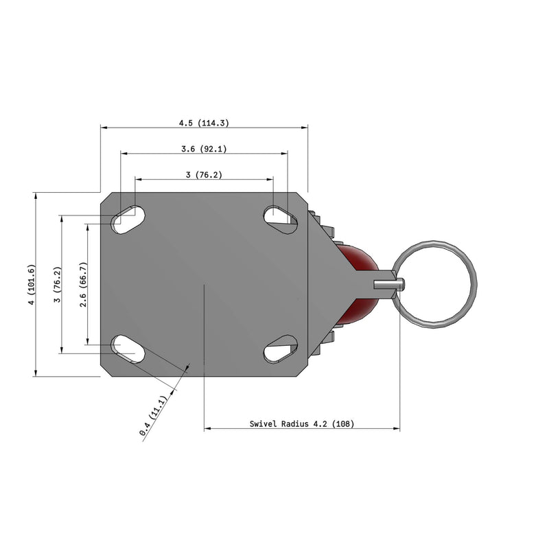 4"x2" Ergonomic Caster – USA Kingpinless Rig, MAX-Efficiency Maroon Poly Wheel, Swivel Lock