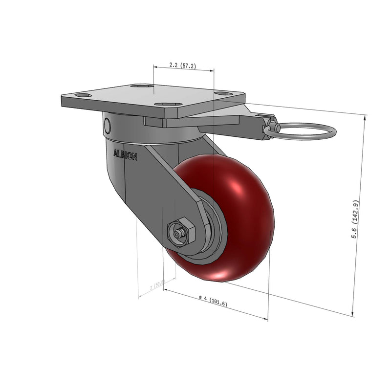 4"x2" Ergonomic Caster – USA Kingpinless Rig, MAX-Efficiency Maroon Poly Wheel, Swivel Lock