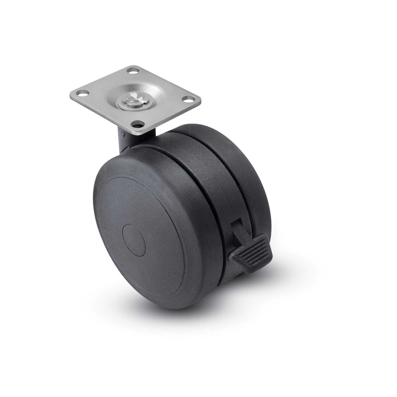 75mm High-Load Floor-Protective Black Twin Wheel with Brake and 1.5"x1.5" Plate