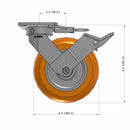 8"x2" Ergonomic Caster 9.5 OAH – USA Kingpinless Rig, MAX-Efficiency Orange Poly Wheel, Face Brake, Swivel Lock