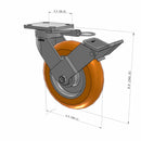 8"x2" Ergonomic Caster 9.5 OAH – USA Kingpinless Rig, MAX-Efficiency Orange Poly Wheel, Face Brake, Swivel Lock