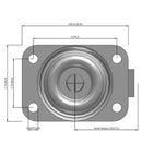 Side dimensioned CAD view of a Faultless Casters 2.5" x 1" wide wheel Swivel caster with 2-3/4" x 3-13/16" top plate, without a brake, Sintered Iron wheel and 200 lb. capacity part