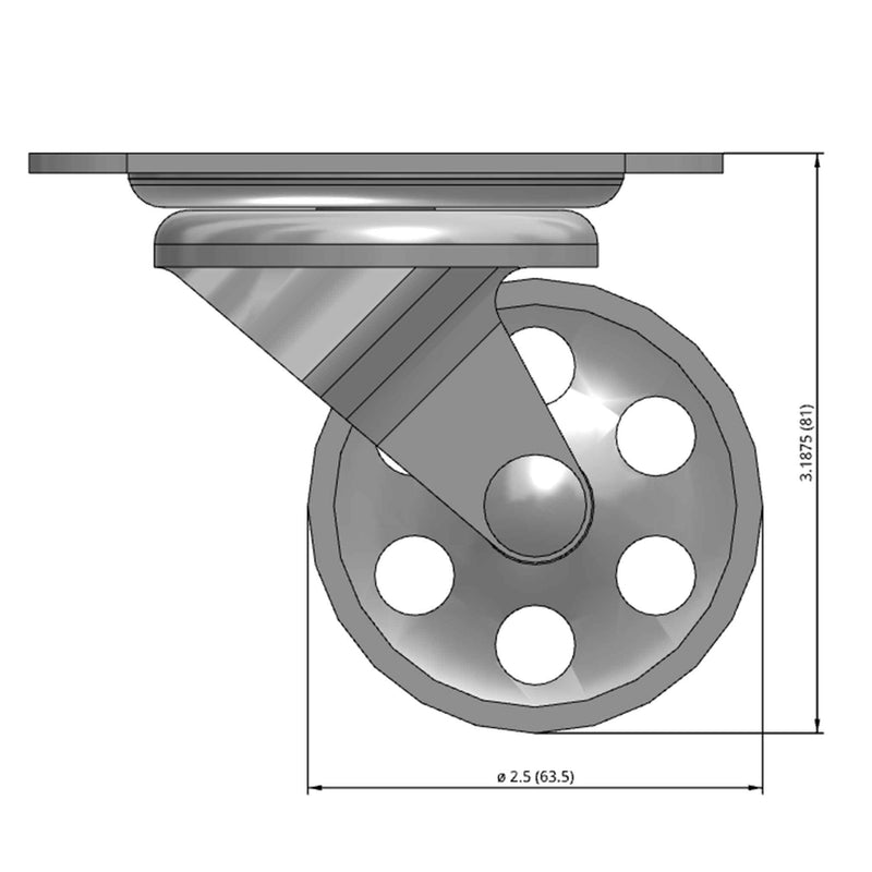 Front dimensioned CAD view of a Faultless Casters 2.5" x 1" wide wheel Swivel caster with 2-3/4" x 3-13/16" top plate, without a brake, Sintered Iron wheel and 200 lb. capacity part