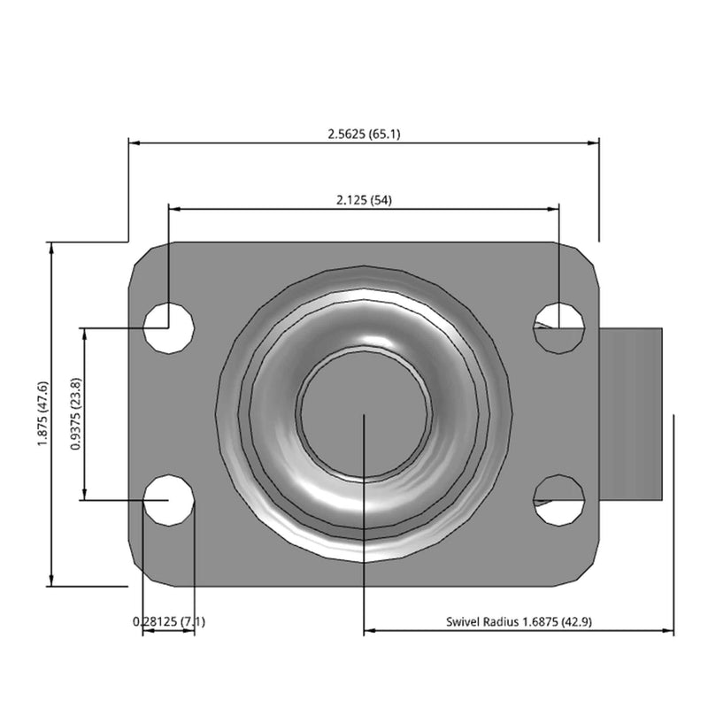 Side dimensioned CAD view of a Faultless Casters 2" x 1" wide wheel Swivel caster with 1-7/8" x 2-9/16" top plate, without a brake, Sintered Iron wheel and 150 lb. capacity part