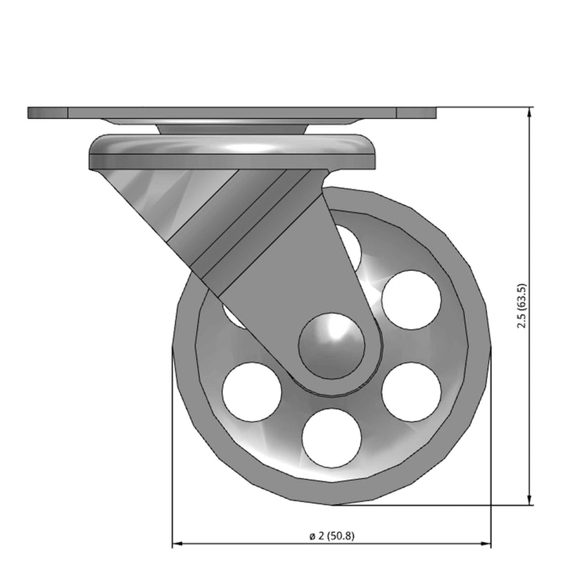 Front dimensioned CAD view of a Faultless Casters 2" x 1" wide wheel Swivel caster with 1-7/8" x 2-9/16" top plate, without a brake, Sintered Iron wheel and 150 lb. capacity part
