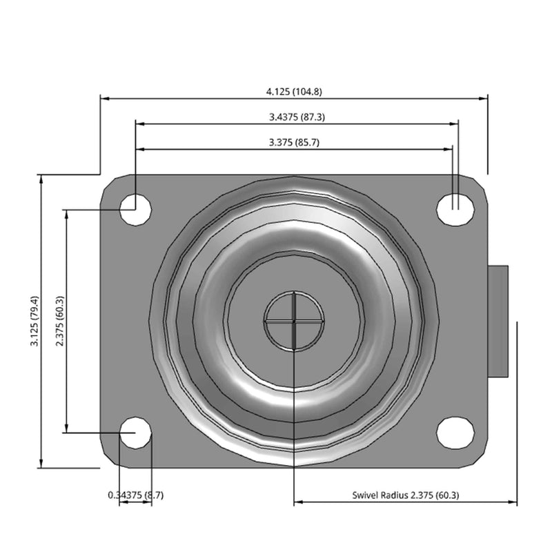 Top dimensioned CAD view of a Faultless Casters 3" x 1.1875" wide wheel Swivel caster with 3-1/8" x 4-1/8" top plate, without a brake, Sintered Iron wheel and 300 lb. capacity part