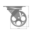 Front dimensioned CAD view of a Faultless Casters 3" x 1.1875" wide wheel Swivel caster with 3-1/8" x 4-1/8" top plate, without a brake, Sintered Iron wheel and 300 lb. capacity part