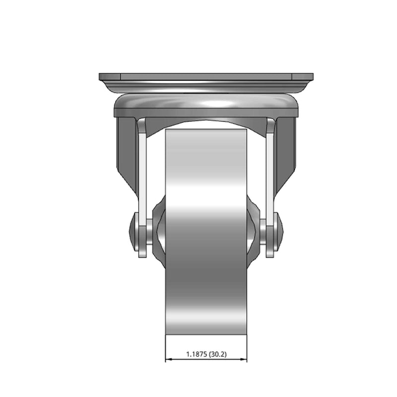 Side dimensioned CAD view of a Faultless Casters 3" x 1.1875" wide wheel Swivel caster with 3-1/8" x 4-1/8" top plate, without a brake, Sintered Iron wheel and 300 lb. capacity part