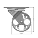 Front dimensioned CAD view of a Faultless Casters 4" x 1.375" wide wheel Swivel caster with 4" x 5-1/8" top plate, without a brake, Sintered Iron wheel and 450 lb. capacity part