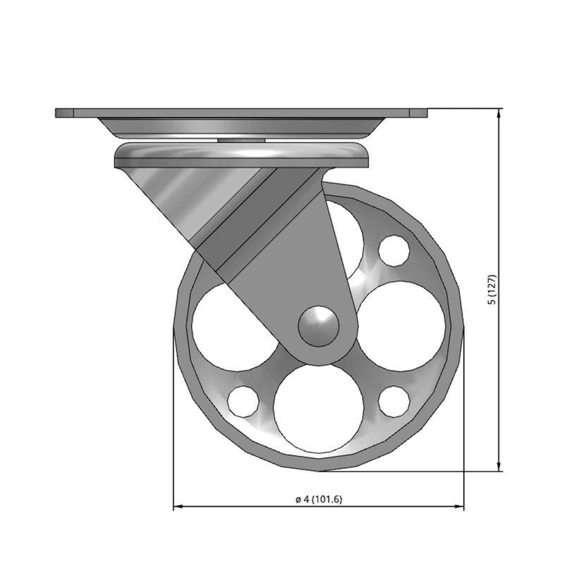 Front dimensioned CAD view of a Faultless Casters 4" x 1.375" wide wheel Swivel caster with 4" x 5-1/8" top plate, without a brake, Sintered Iron wheel and 450 lb. capacity part