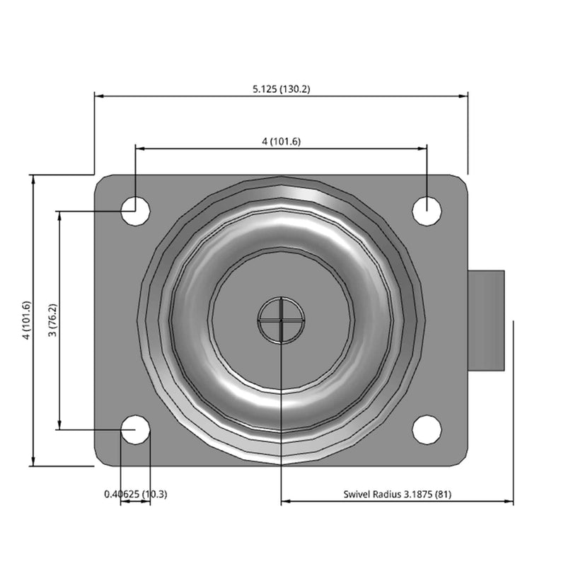 Side dimensioned CAD view of a Faultless Casters 4" x 1.375" wide wheel Swivel caster with 4" x 5-1/8" top plate, without a brake, Sintered Iron wheel and 450 lb. capacity part