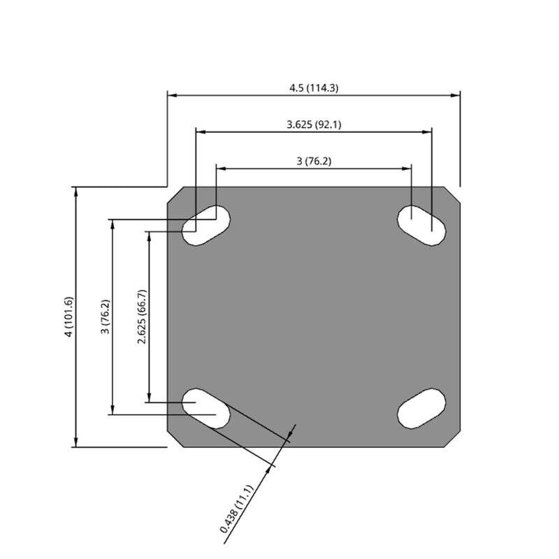 Side dimensioned CAD view of an Albion Casters 4" x 2" wide wheel Rigid caster with 4" x 4-1/2" top plate, without a brake, AN - Round Polyurethane (Aluminum Core) wheel and 800 lb. capacity part