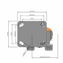Side dimensioned CAD view of an Albion Casters 4" x 2" wide wheel Swivel caster with 4" x 4-1/2" top plate, with a side locking brake, AN - Round Polyurethane (Aluminum Core) wheel and 800 lb. capacity part