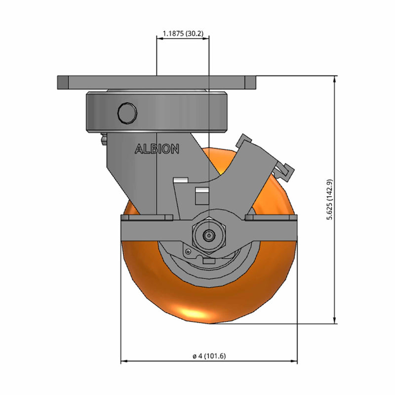 Front dimensioned CAD view of an Albion Casters 4" x 2" wide wheel Swivel caster with 4" x 4-1/2" top plate, with a side locking brake, AN - Round Polyurethane (Aluminum Core) wheel and 800 lb. capacity part