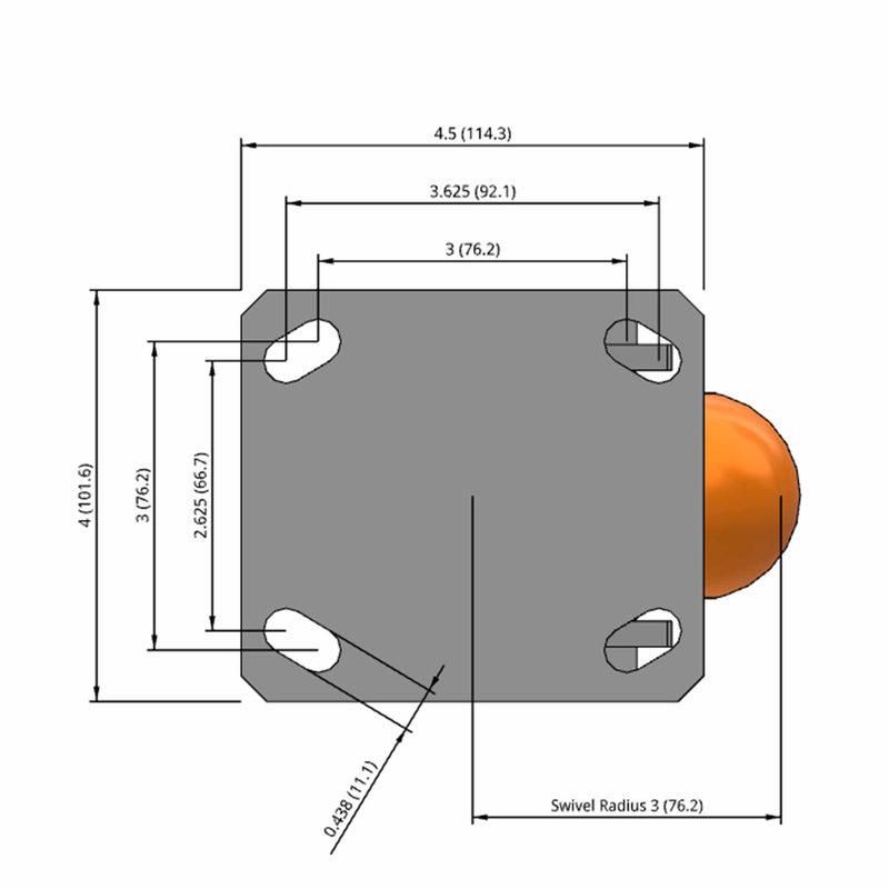 Side dimensioned CAD view of an Albion Casters 4" x 2" wide wheel Swivel caster with 4" x 4-1/2" top plate, without a brake, AN - Round Polyurethane (Aluminum Core) wheel and 800 lb. capacity part
