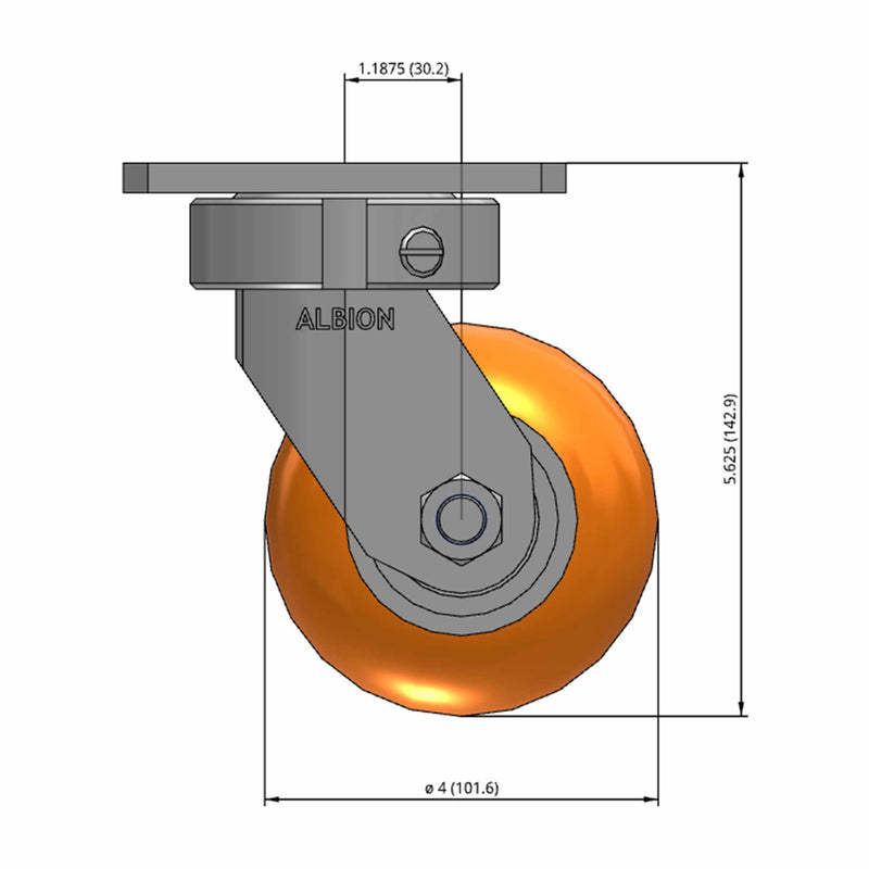Front dimensioned CAD view of an Albion Casters 4" x 2" wide wheel Swivel caster with 4" x 4-1/2" top plate, without a brake, AN - Round Polyurethane (Aluminum Core) wheel and 800 lb. capacity part