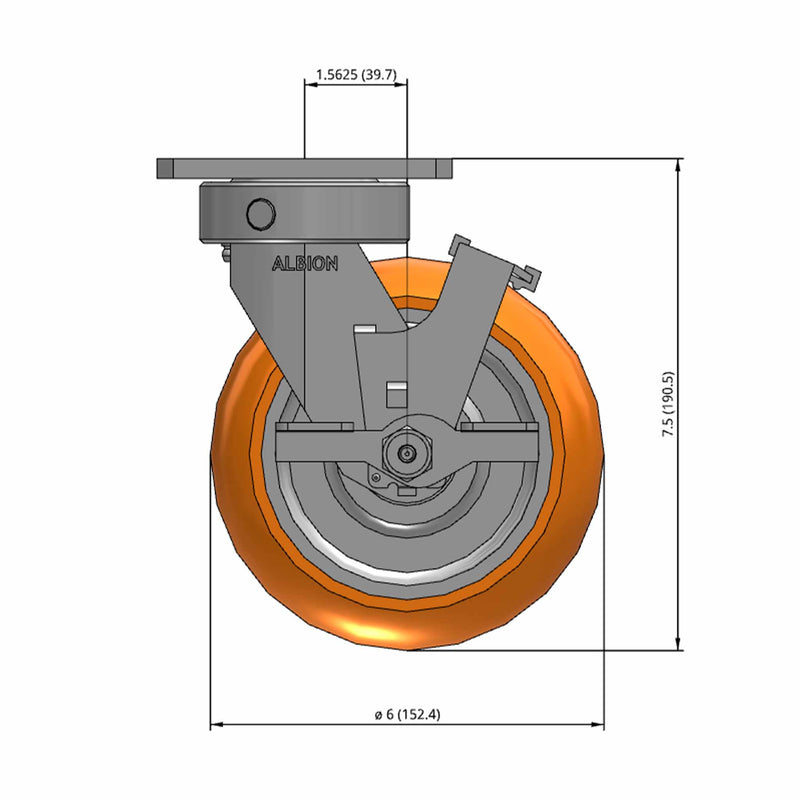 6"x2" Kingpinless Side Locking Caster with MAX-Efficiency Orange Wheel