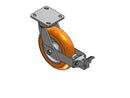 9.5" Height Kingpinless 8"x2" MAX-Efficiency Orange Caster with Face Brake and 4"x4.5" Plate