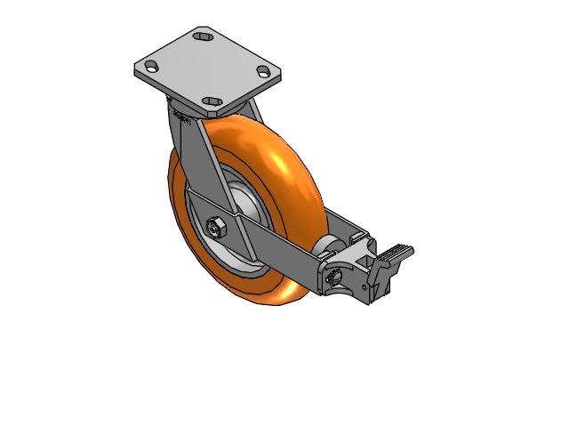 9.5" Height Kingpinless 8"x2" MAX-Efficiency Orange Caster with Face Brake and 4"x4.5" Plate