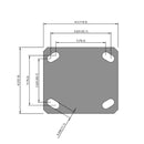 Side dimensioned CAD view of an Albion Casters 4" x 2" wide wheel Rigid caster with 4" x 4-1/2" top plate, without a brake, AX - Round Polyurethane (Aluminum Core) wheel and 700 lb. capacity part