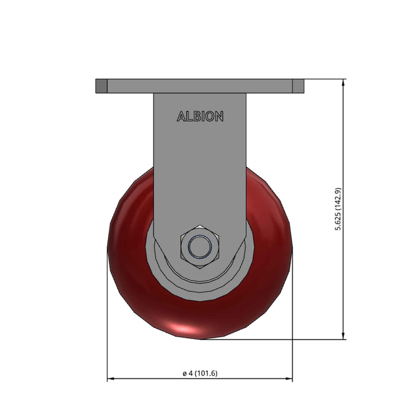 Front dimensioned CAD view of an Albion Casters 4" x 2" wide wheel Rigid caster with 4" x 4-1/2" top plate, without a brake, AX - Round Polyurethane (Aluminum Core) wheel and 700 lb. capacity part