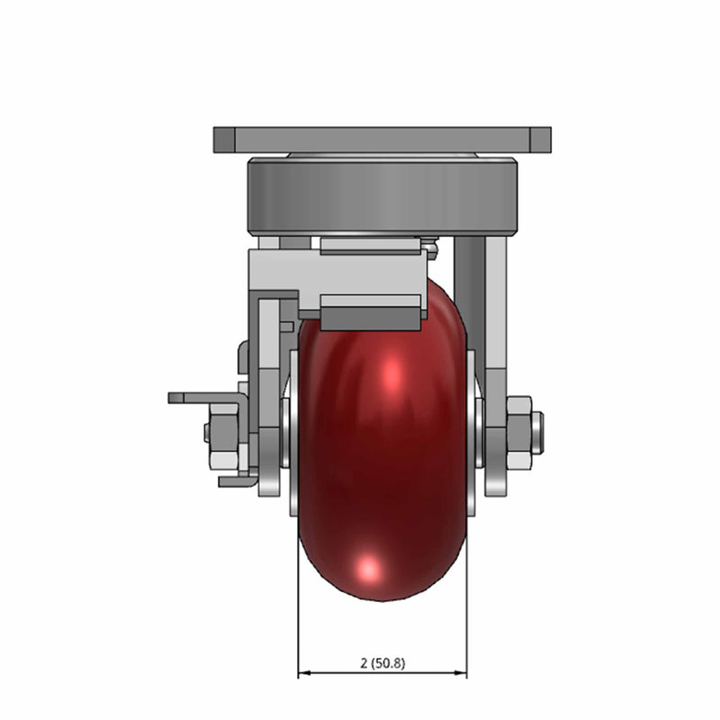 Top dimensioned CAD view of an Albion Casters 4" x 2" wide wheel Swivel caster with 4" x 4-1/2" top plate, with a side locking brake, AX - Round Polyurethane (Aluminum Core) wheel and 700 lb. capacity part