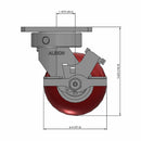 Front dimensioned CAD view of an Albion Casters 4" x 2" wide wheel Swivel caster with 4" x 4-1/2" top plate, with a side locking brake, AX - Round Polyurethane (Aluminum Core) wheel and 700 lb. capacity part