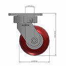 Front dimensioned CAD view of an Albion Casters 4" x 2" wide wheel Swivel caster with 4" x 4-1/2" top plate, without a brake, AX - Round Polyurethane (Aluminum Core) wheel and 700 lb. capacity part