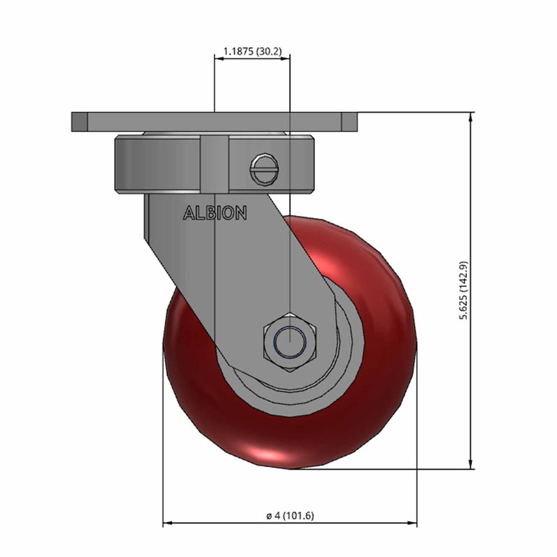 Front dimensioned CAD view of an Albion Casters 4" x 2" wide wheel Swivel caster with 4" x 4-1/2" top plate, without a brake, AX - Round Polyurethane (Aluminum Core) wheel and 700 lb. capacity part
