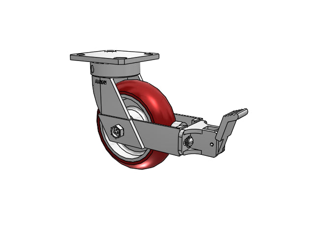 Kingpinless 6"x2" MAX-Efficiency Maroon Caster with Face Brake and 4"x4.5" Plate