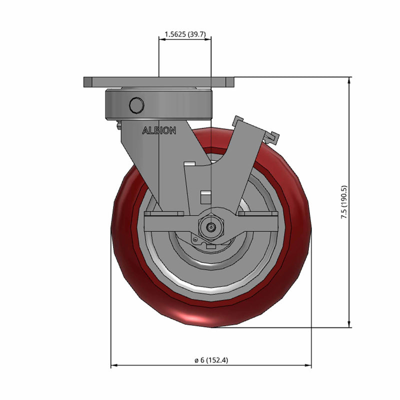 6"x2" Kingpinless Side Locking Caster with MAX-Efficiency Maroon Wheel
