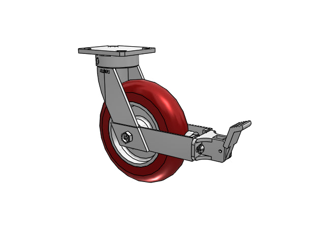 Kingpinless 8"x2" MAX-Efficiency Maroon Caster with Face Brake and 4"x4.5" Plate