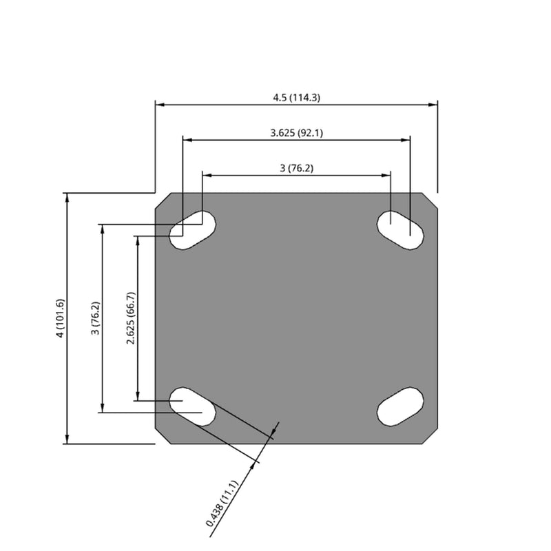 Side dimensioned CAD view of an Albion Casters 4" x 2" wide wheel Rigid caster with 4" x 4-1/2" top plate, without a brake, CA - Cast Iron wheel and 1000 lb. capacity part